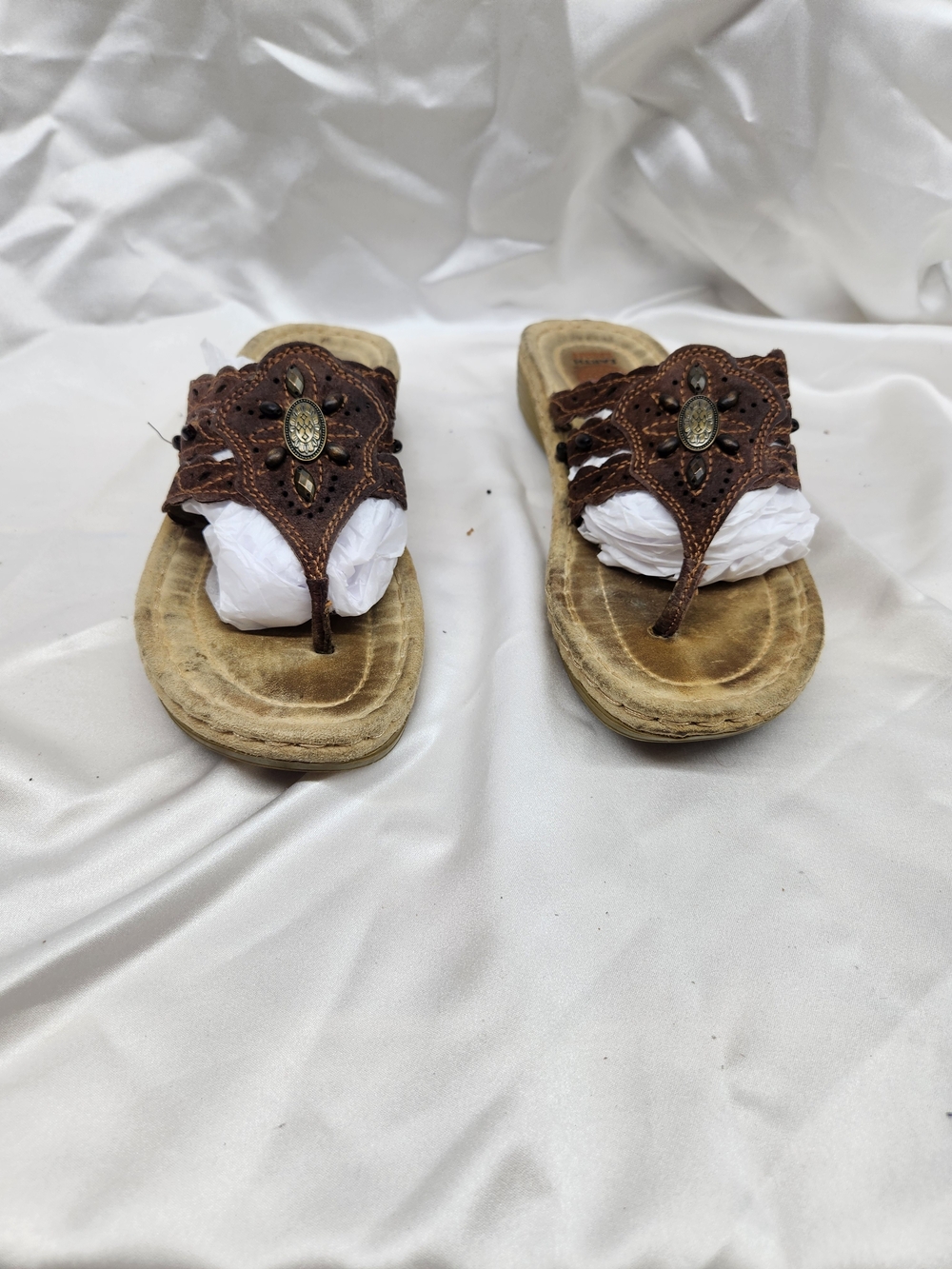 Earth Spirit Brown Leather Beaded Thong Sandals